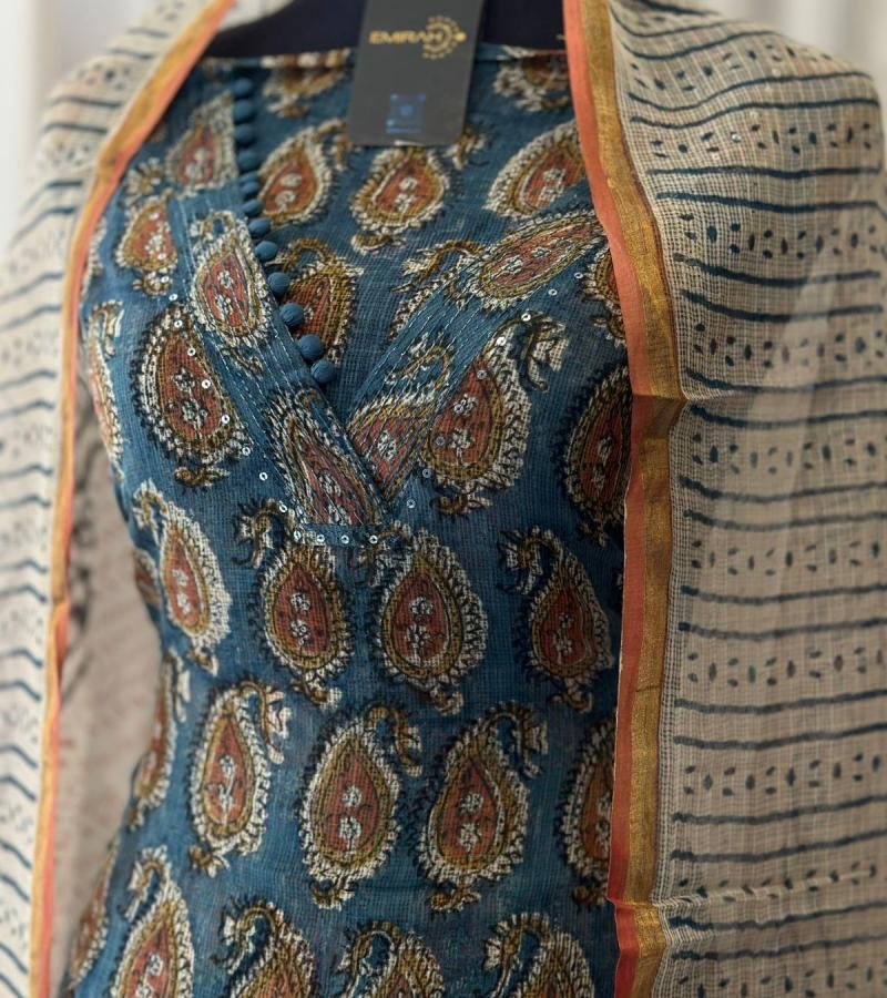 Exquisite Kota Doriya Salwar Suit with Cotton Bottom - Jet Black