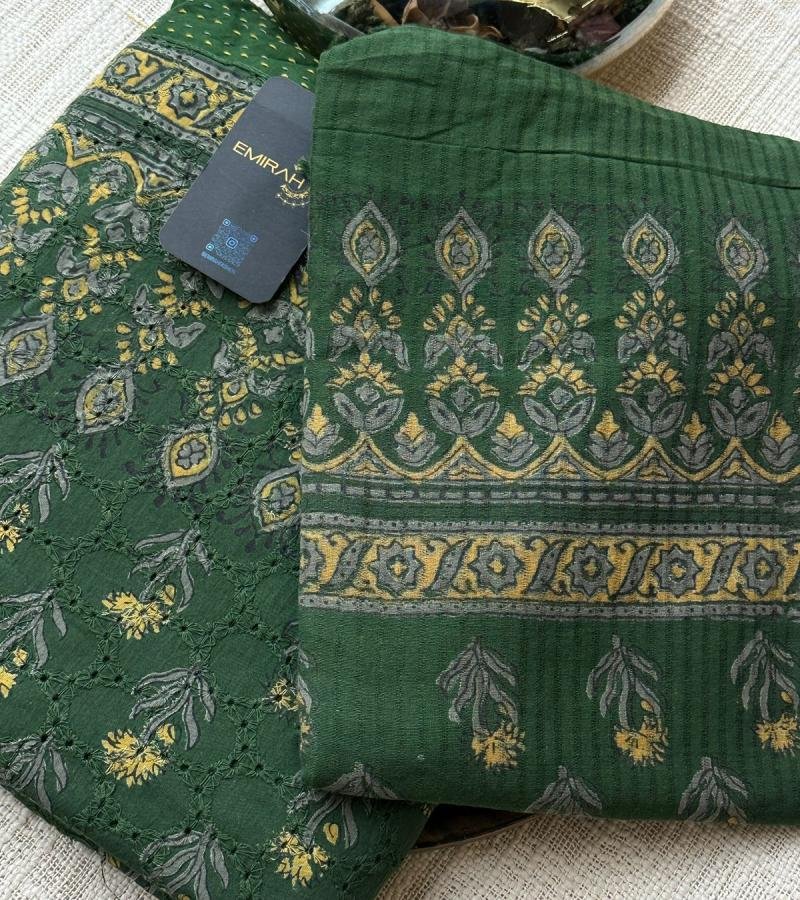 Hakoba Cotton Suit with Floral Print and Stripe Detailing - Gold