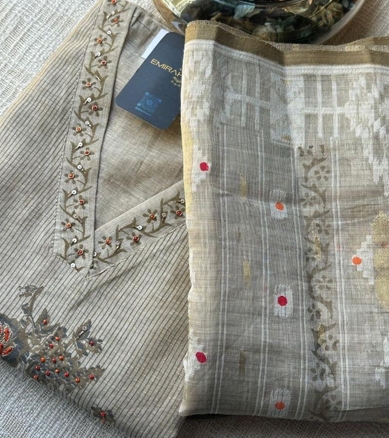 Silk Chanderi Suit with Embroidery - Emerald Green