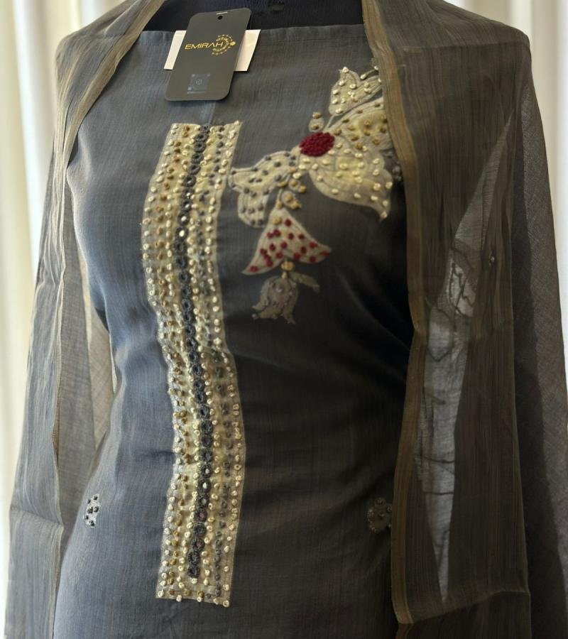 Sophisticated Charcoal Jamdani Chanderi Suit - Emerald Green