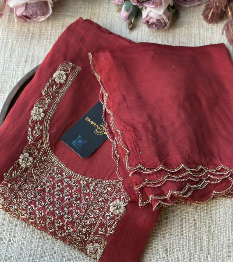 Radiant Crimson Embroidered Organza Suit - Gold