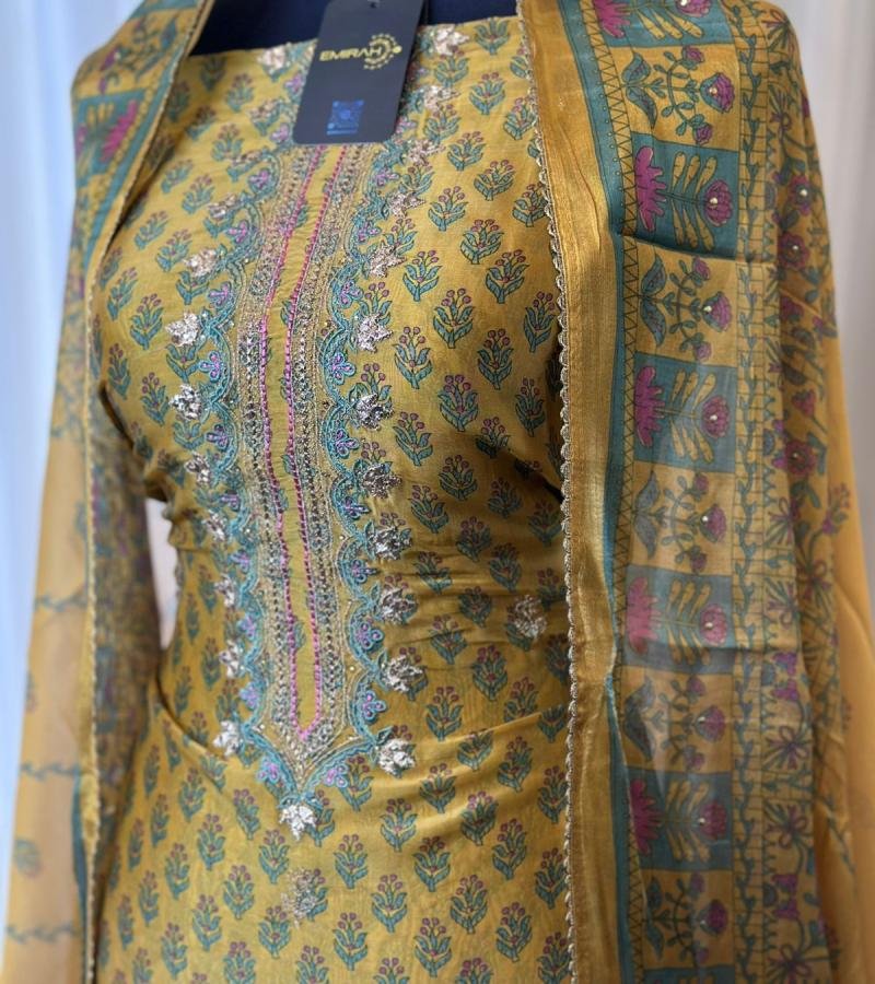 Elaborate Muslin Silk Paisley Suit - Emerald Green