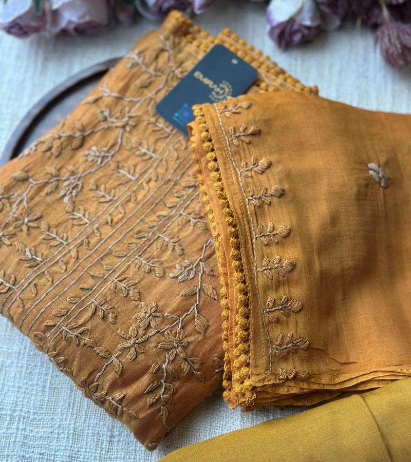 Whimsical Embroidered Mul Chanderi Suit - Ruby Red