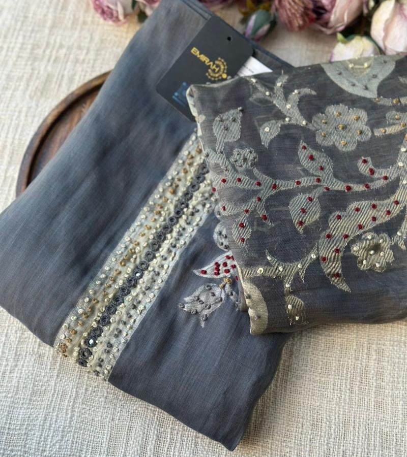 Royal Jamdani Weave Chanderi Suit - Jet Black