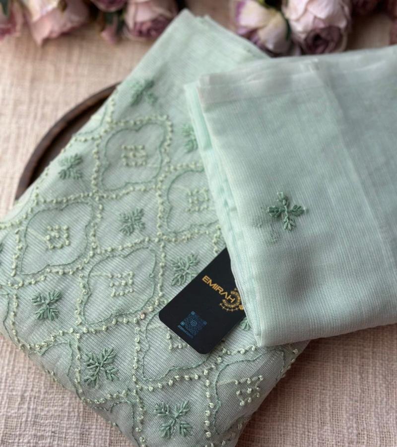 Elegant Net Kota Suit with Delicate Handwork - Ruby Red