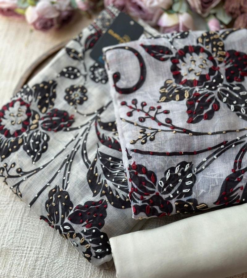 Elegant Floral Semi Linen Suit - Emerald Green