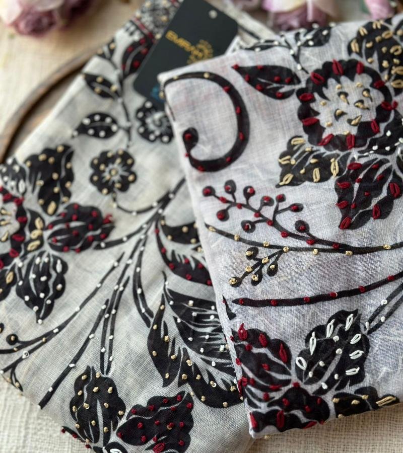 Elegant Floral Semi Linen Suit - Emerald Green