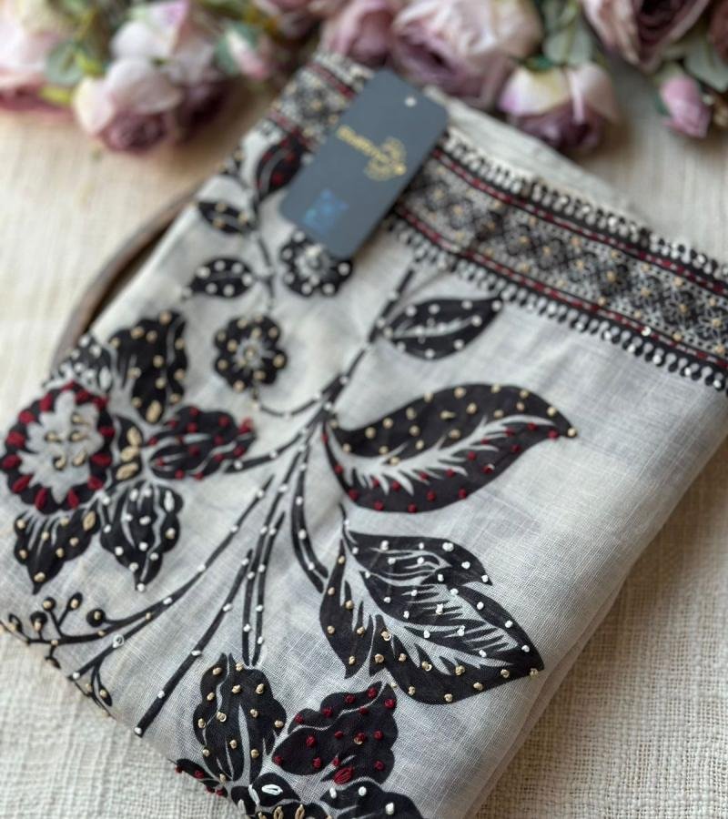 Elegant Floral Semi Linen Suit - Emerald Green