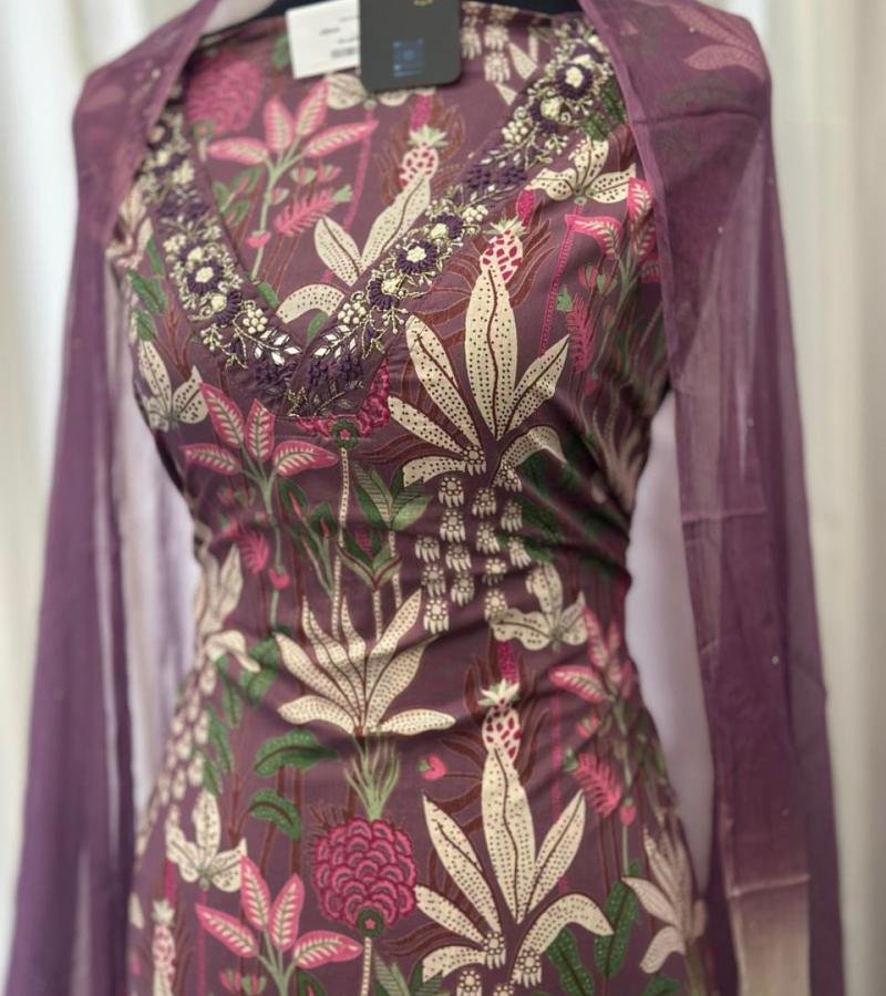 Elegant Floral Cotton Suit - Ruby Red