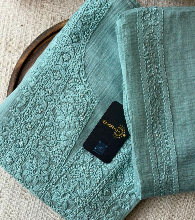 Elegant Embroidered Mul Chanderi Suit - Emerald Green