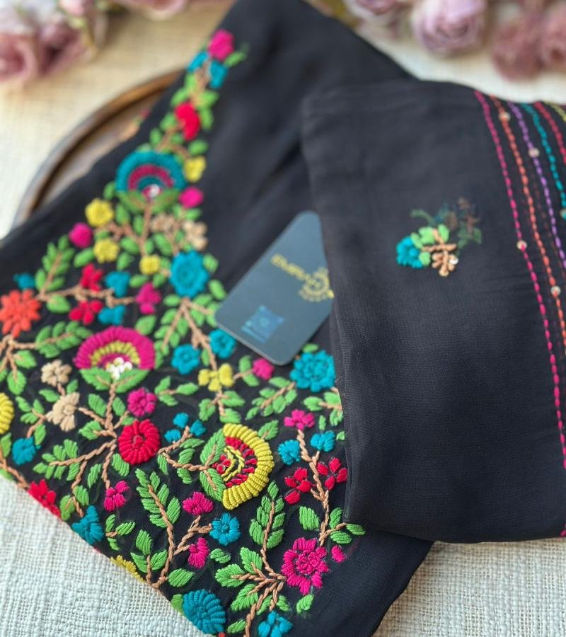 Elegant Floral Embroidered Georgette Suit - Charcoal Grey