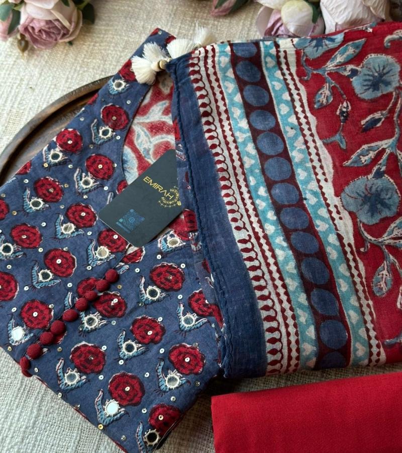 Floral Block Print Suit with Statement Dupatta - Ruby Red