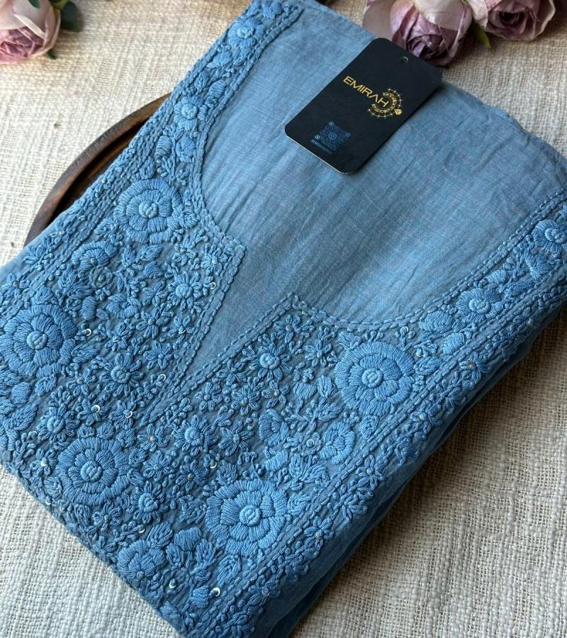 Title: Elegant Powder Blue Mul Chanderi Suit with Intricate Embroidery - Silver