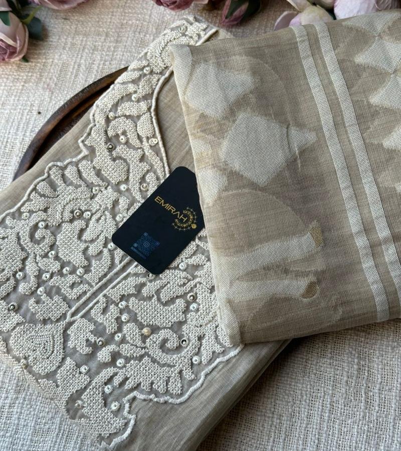 Graceful Beige Chanderi Jamdani Suit with Intricate Embroidery - Silver