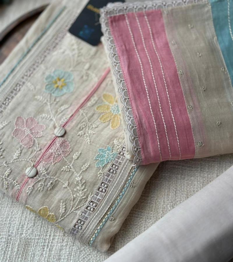  Pastel Charm Mul Chanderi Suit with Delicate Floral Embroidery - Gold