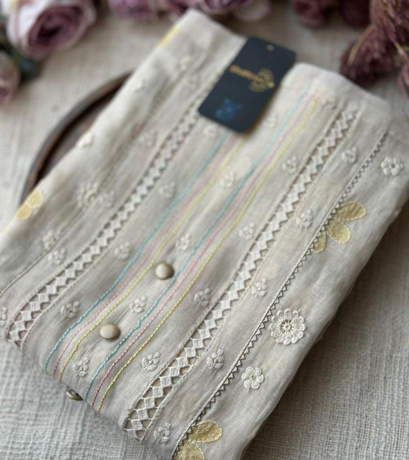 Subtle Ivory Mul Chanderi Suit with Pastel Thread Detailing - Royal Blue