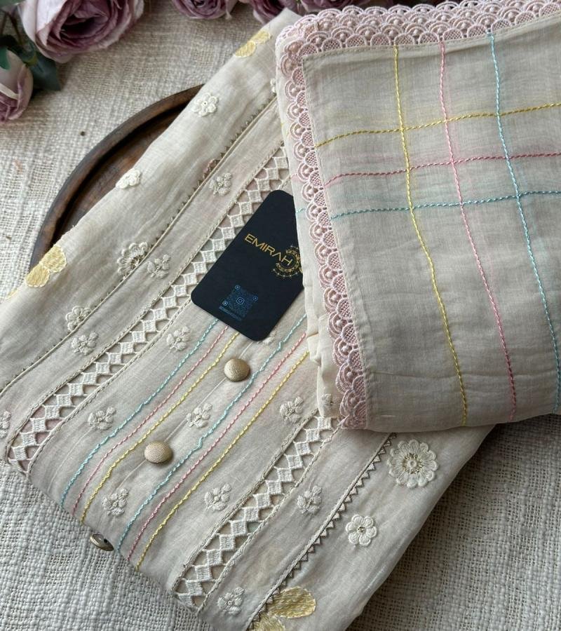 Subtle Ivory Mul Chanderi Suit with Pastel Thread Detailing - Royal Blue
