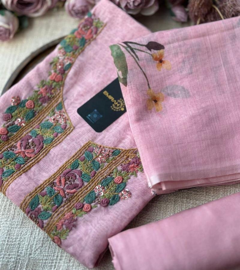 Graceful Pink Semi Linen Suit with Floral Embroidered Neckline - Ruby Red