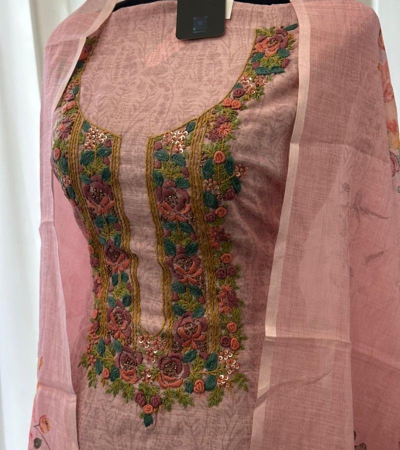 Graceful Pink Semi Linen Suit with Floral Embroidered Neckline - Ruby Red