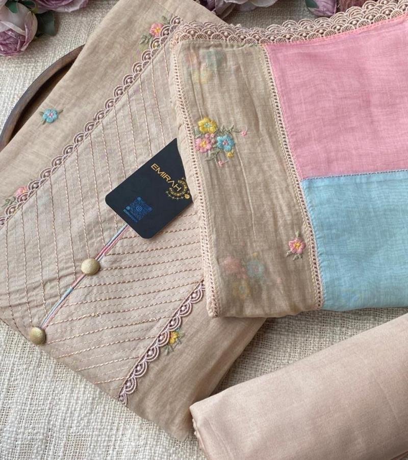  Beige Mul Chanderi with Pintucks and Pastel Accents - Rose Pink