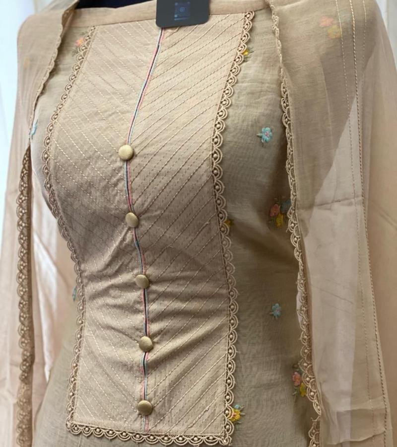  Beige Mul Chanderi with Pintucks and Pastel Accents - Rose Pink