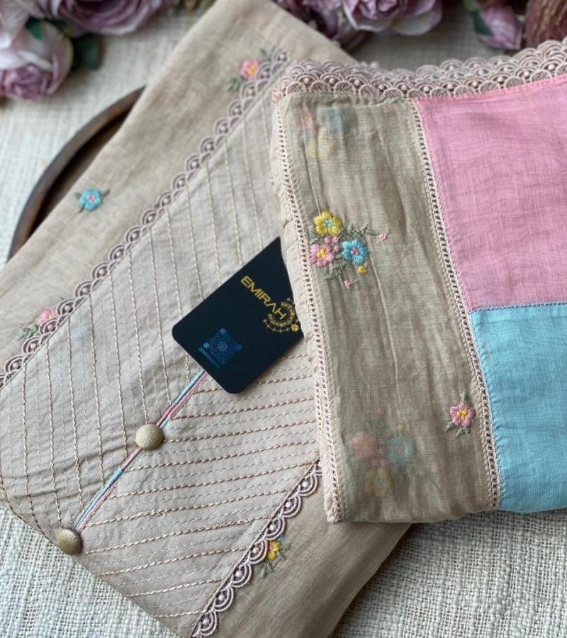  Beige Mul Chanderi with Pintucks and Pastel Accents - Rose Pink
