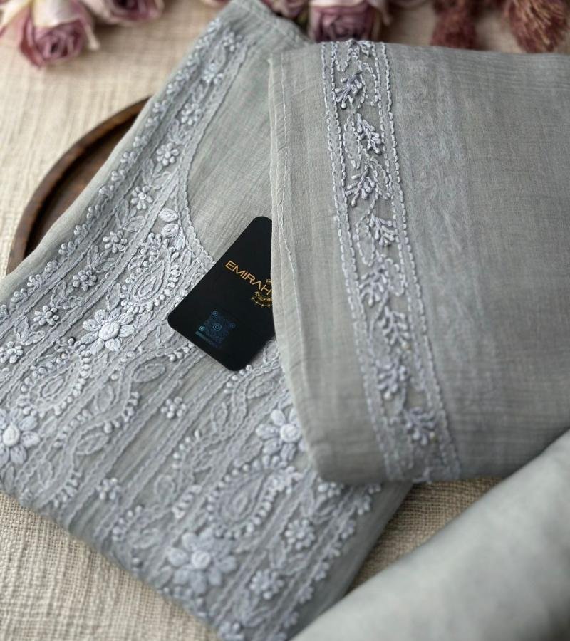Serene Pastel Mul Chanderi Suit with Elegant Embroidery - Royal Blue