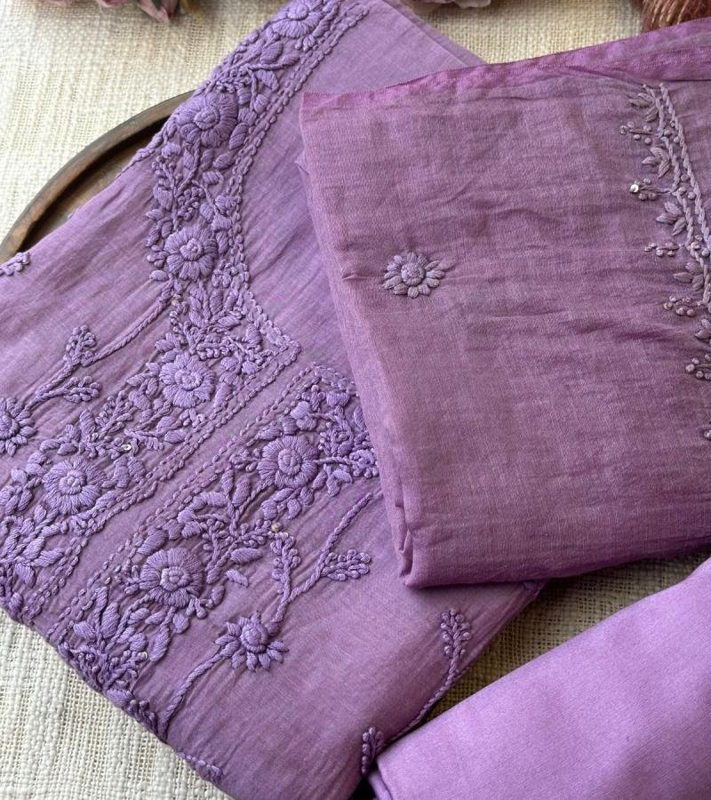 Floral Elegance Mul Chanderi Suit - Ruby Red