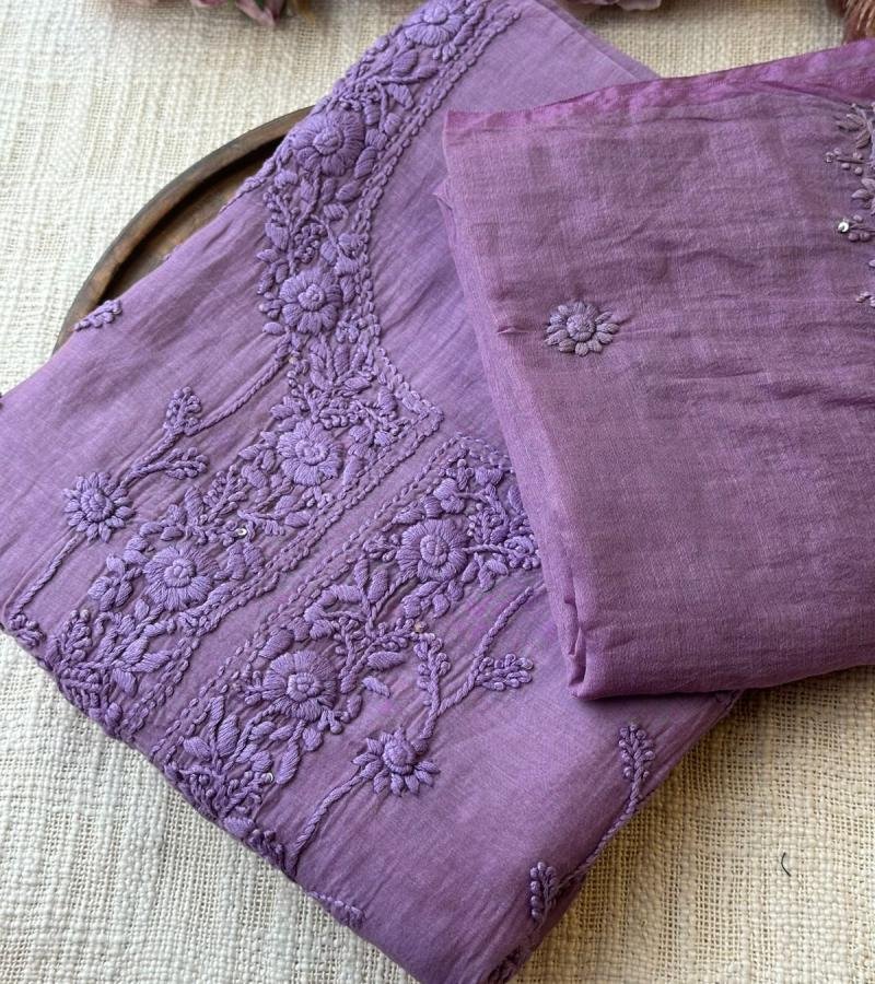 Floral Elegance Mul Chanderi Suit - Ruby Red