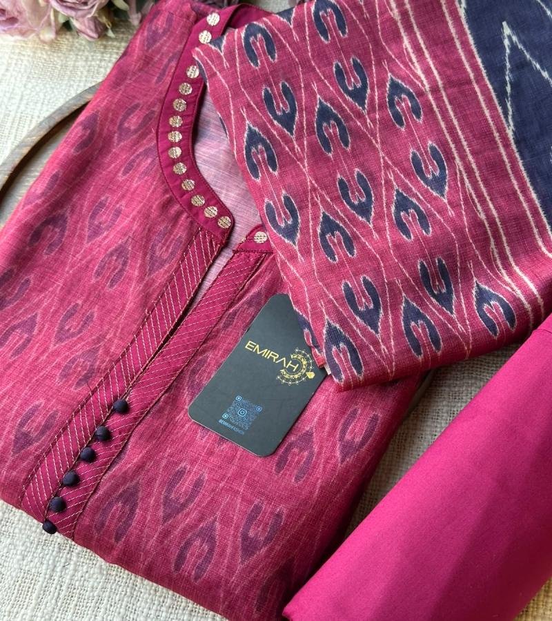 Elegant Kota Chanderi Suit with Ikat-Inspired Prints - Rose Pink