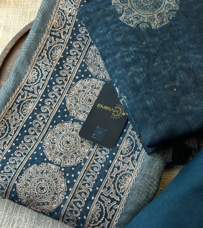 Elegant Semi Tussar Suit with Intricate Embroidered Detailing - Royal Blue