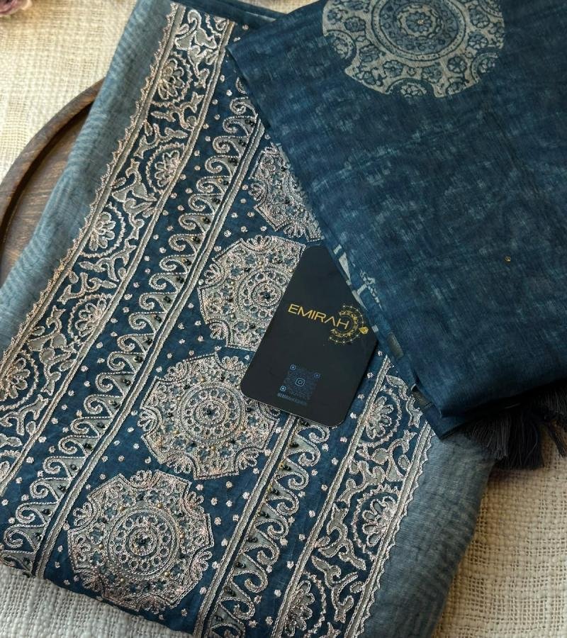 Elegant Semi Tussar Suit with Intricate Embroidered Detailing - Royal Blue