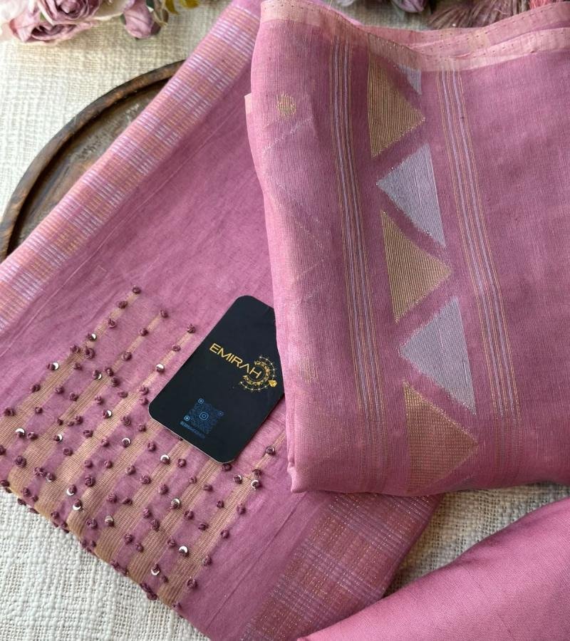 Elegant Chanderi Suit with Jamdani Weaving & Hand Embellished Detailing - Rose Pink