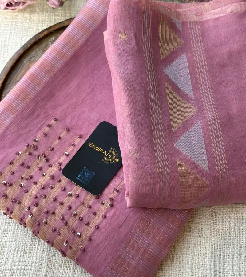 Elegant Chanderi Suit with Jamdani Weaving & Hand Embellished Detailing - Rose Pink