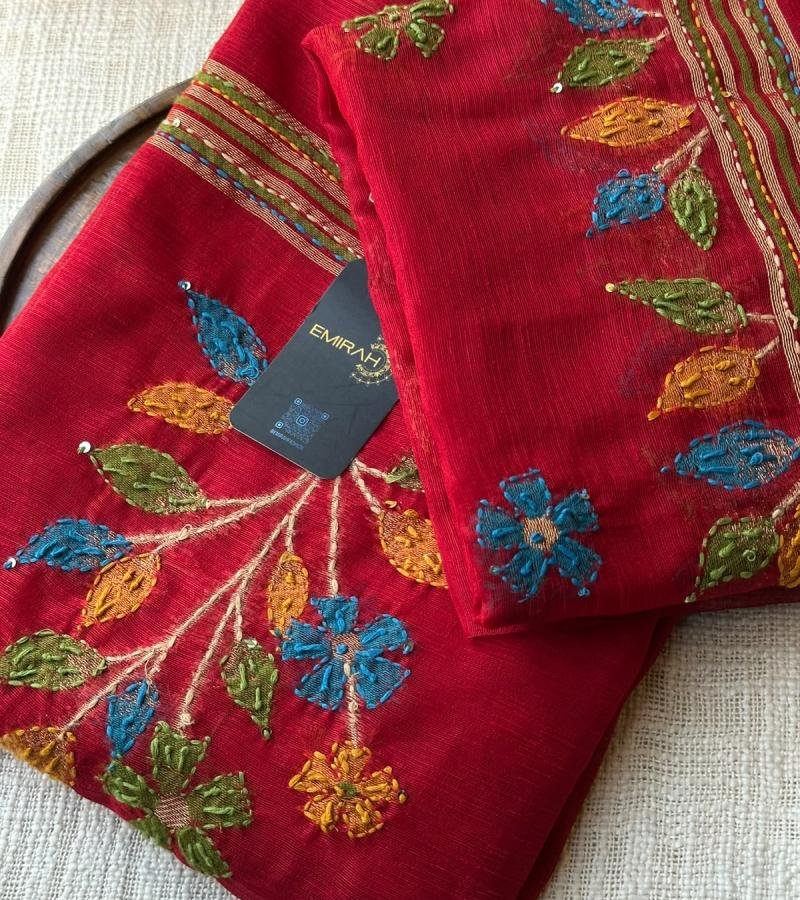 Elegant Chanderi Suit with Jamdani Weaving & Floral Embroidery - Mixed Colors