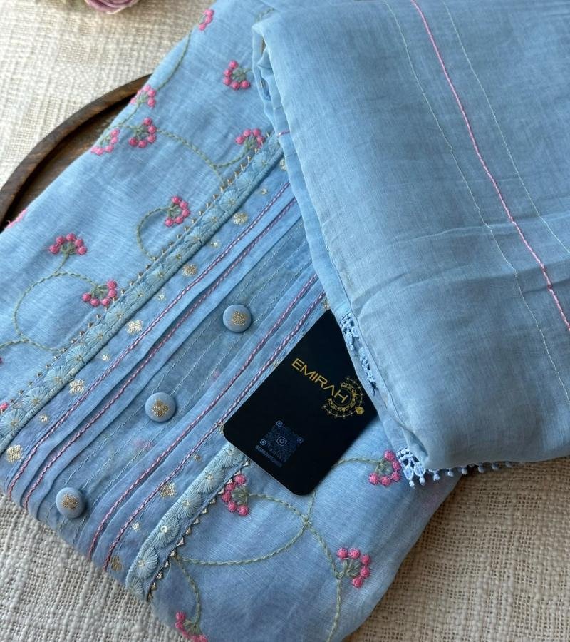 Elegant Mul Chanderi Suit with Delicate Floral Embroidery - Royal Blue