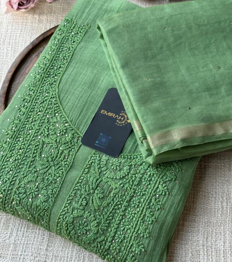 Elegant Mul Chanderi Suit Set - Emerald Green