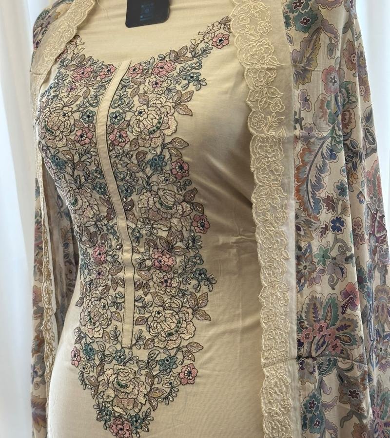 Mul Chanderi Floral Embroidered Suit - Mixed Colors