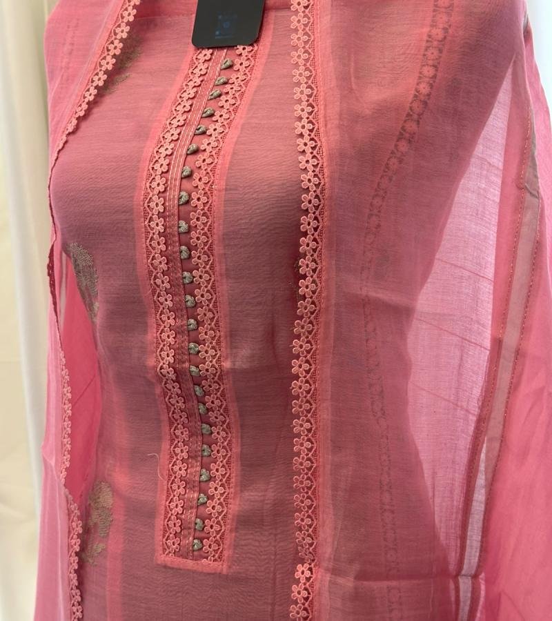 Elegant Floral Embroidered Mul Chanderi Suit - Rose Pink