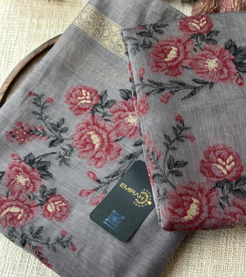 Elegant Chanderi with Jamdani Weaving - Charcoal Grey