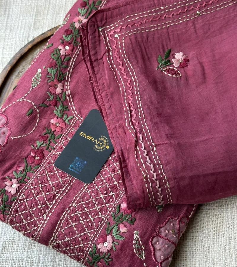 Dola Silk Floral Embroidered Suit  - Rose Pink