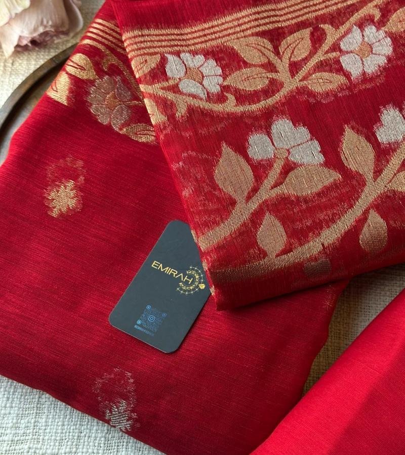 Chanderi with Jamdani Weaving ✨ - Ruby Red
