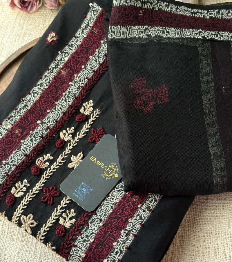 Mul Chanderi Embroidered Suit  - Jet Black