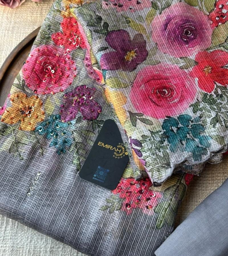 Kota Silk Embroidered Suit - Charcoal Grey