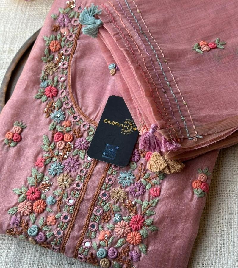 Silk Chanderi Embroidered Suit - Rose Pink