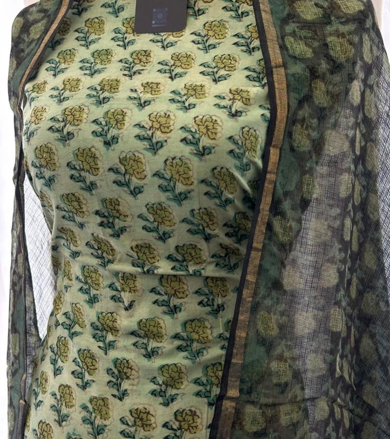 Green Floral Cotton Suit with Contrast Dupatta - Mixed Colors