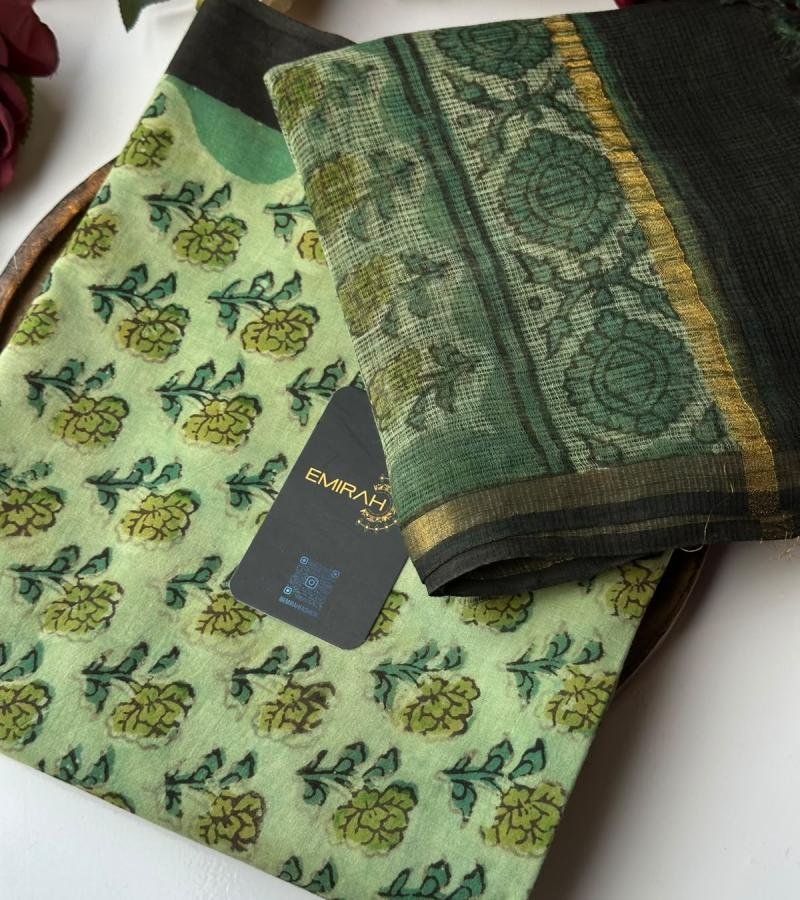 Green Floral Cotton Suit with Contrast Dupatta - Mixed Colors