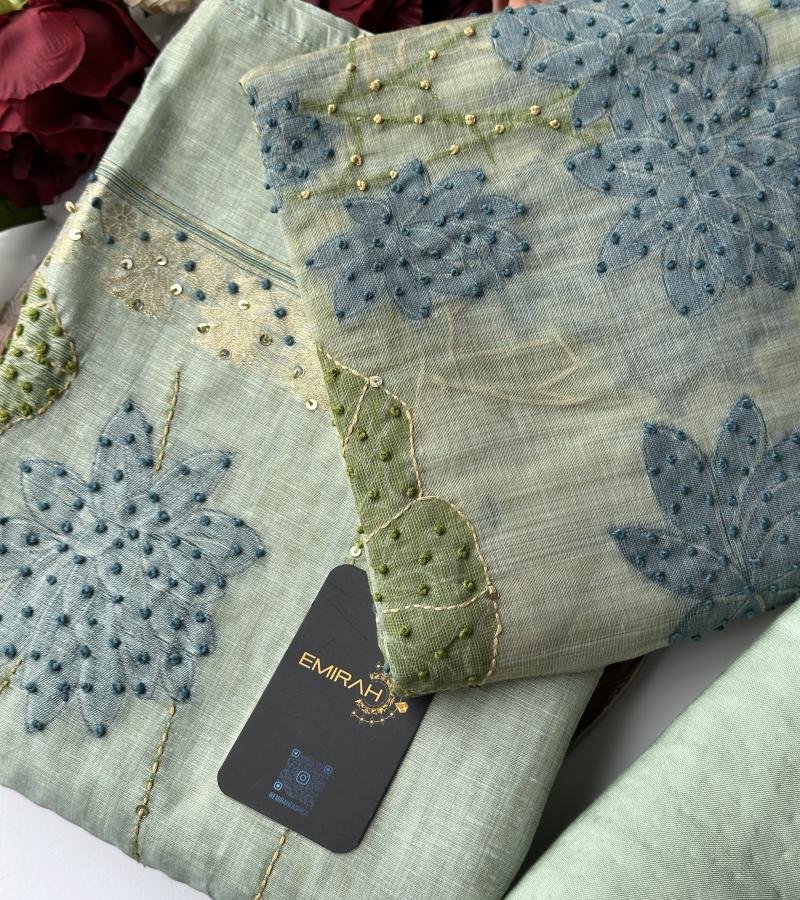 Sage Green Chanderi Suit with Jamdani Weaving - Mixed Colors