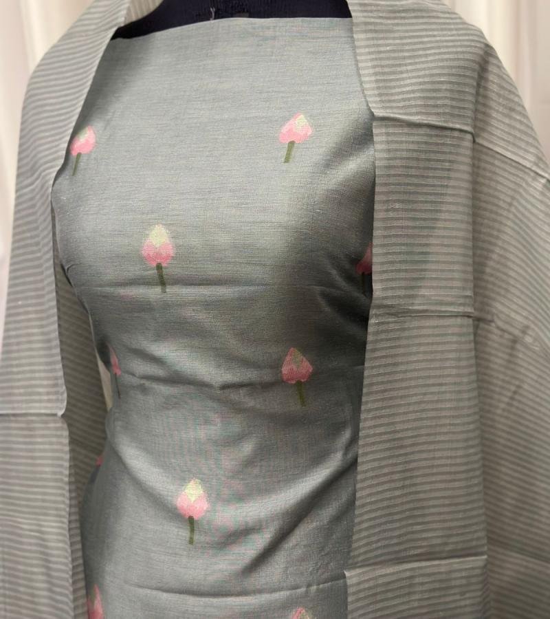 Chanderi with jamdani weaving suit - Rose Pink