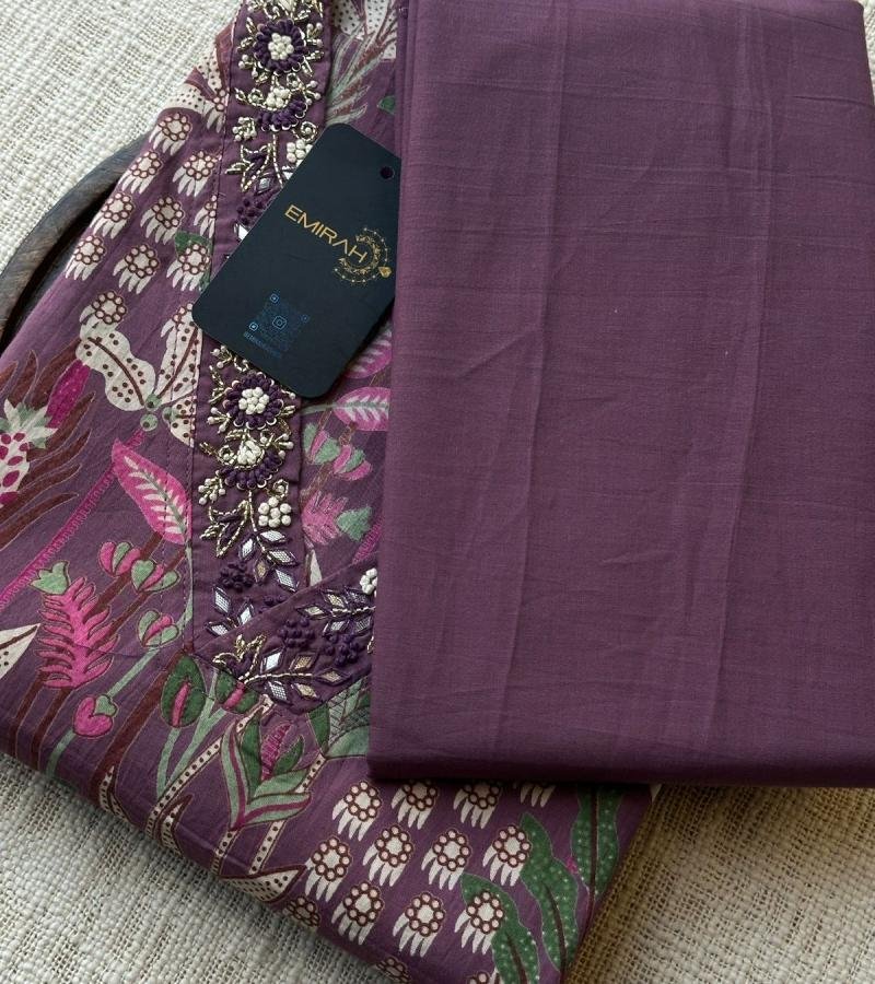 Regal Plum Printed Cotton Suit with Embroidered Neckline - Mixed Colors